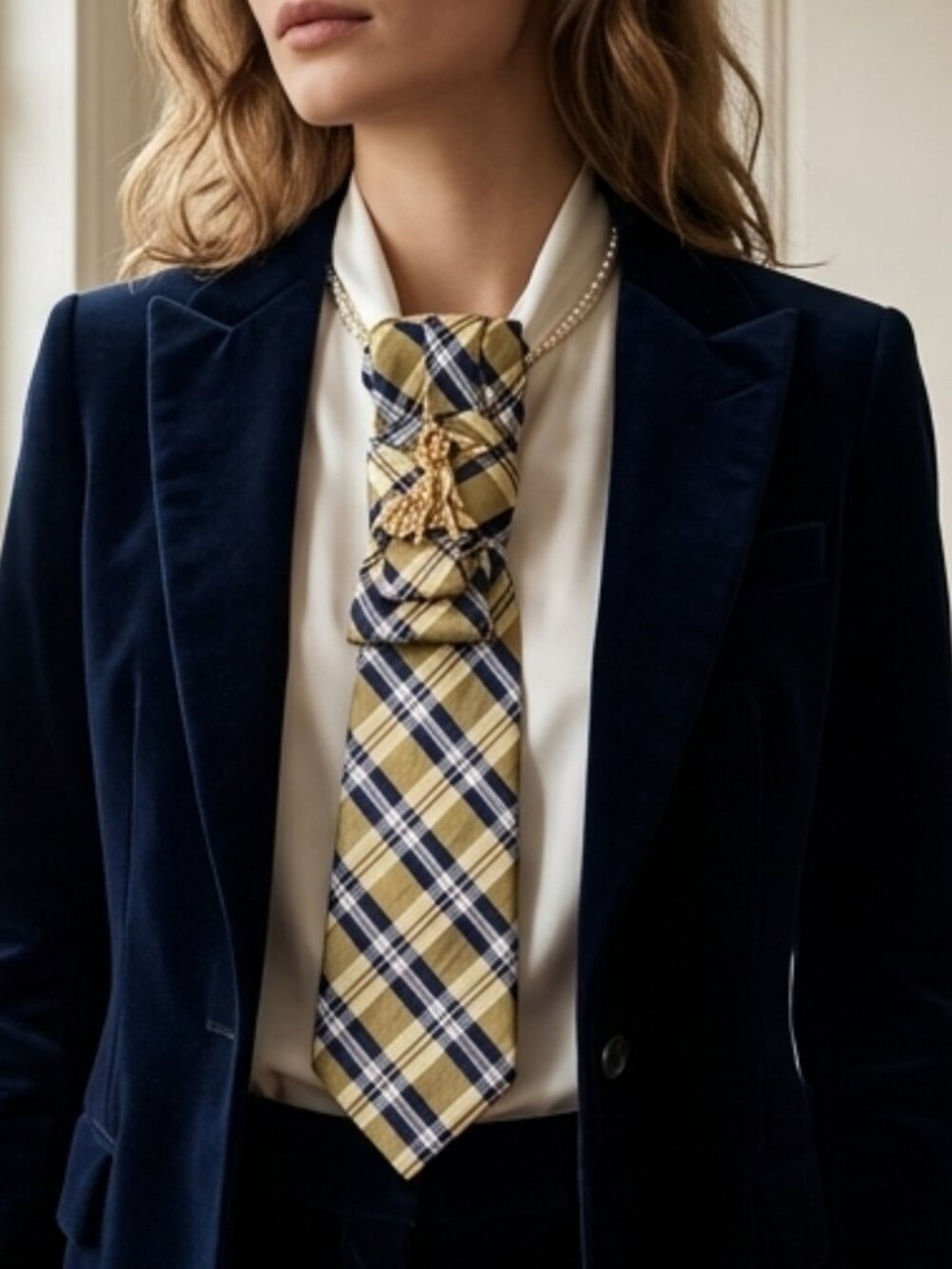 NWT Arrow Silk Gold & Navy Statement Tie Necklace With Dancers Brooch